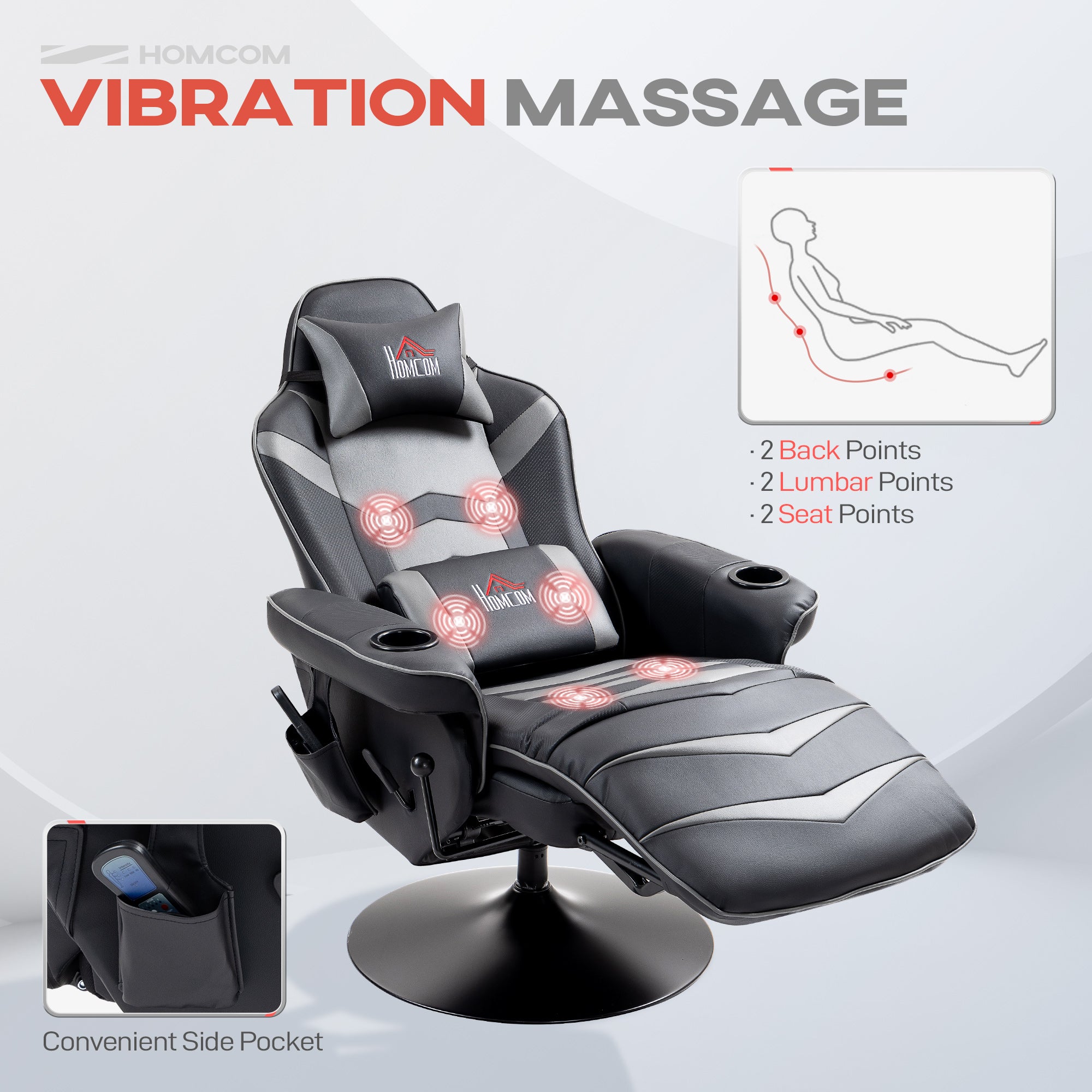 HOMCOM Massage Gaming Chair, Swivel Racing Video Gaming Recliner with Retractable Footrest, Headrest, Cup Holders and Side Pockets, Ergonomic High Back PU Leather Executive Desk Chair, Grey